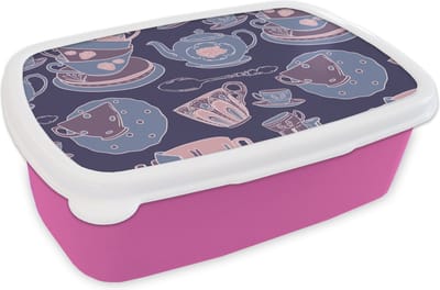 Broodtrommel Roze - Lunchbox - Brooddoos - Patroon - Thee - Kop - Theepot - 18x12x6 cm - Kinderen - Meisje