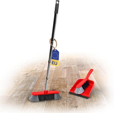 Novaliv halbezem 30 cm FIJNE KUNSTHAREN & stoffer en blik set, bezem en stoffer en blik, kunststof halbezem met steel, insteeksteel, zeer stabiel, halbezem met draad, veger, bezem, handborstel, stoffer en blik
