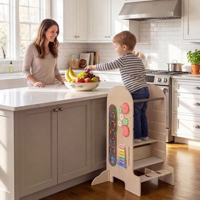 COSTWAY 4-in-1 Leertoren, Opstapje met Glijbaan, Krijtbord & Spelbord | Verstelbare Keukenhulp van Hout, Montessori Trapkruk voor Kinderen vanaf 3 Jaar
