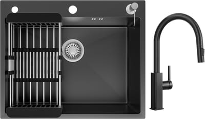 CECIPA max Spoelbak Keuken 60x49CM - Met keukenkraan met uittrekbare uitloop - Gootsteen RVS - Spoelbak Met Kraangat - Spoelbak Met Zeepdispenser - Antraciet