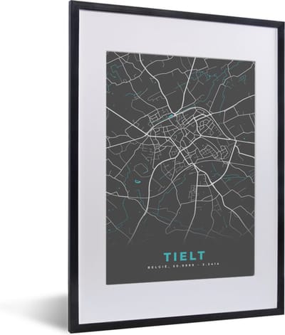 Fotolijst incl. Poster - België – Tielt – Stadskaart – Kaart – Blauw – Plattegrond - 30x40 cm - Posterlijst