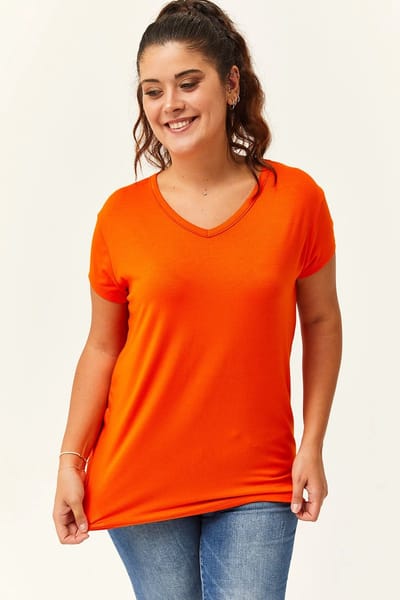 Dames 3XL Grote Maten V-Hals Basic Kortemouw T-Shirt, Oranje Maat XXXL