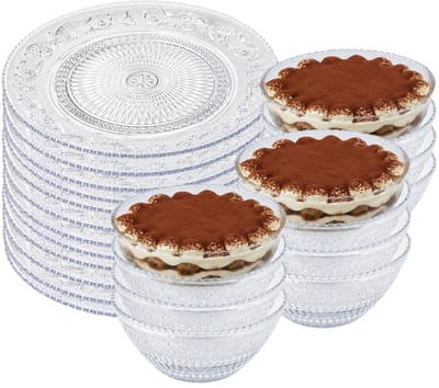 Plasticforte kunststof servies - 12x schaaltjes en 12x borden - kristal stijl - onbreekbaar - transparant