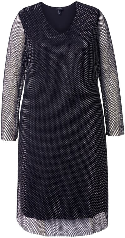 Ulla Popken - Dames - Midi-jurk pailletten A-lijn V-hals lange mouwen - Asfaltgrijs - Maat 42+