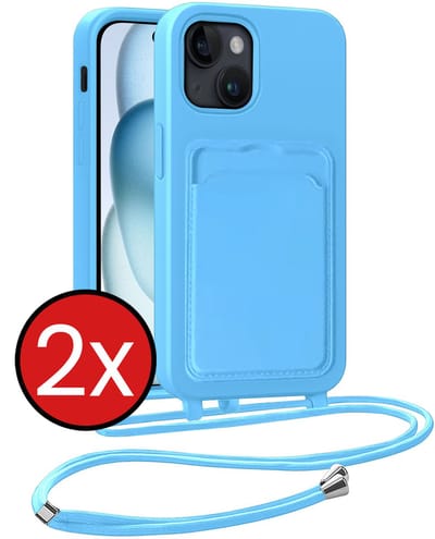 Hoesje Geschikt voor iPhone 15 Plus Hoesje Met Telefoonkoord en Pasjeshouder Siliconen - Hoes Geschikt voor iPhone 15 Plus Hoesje Met Kaarthouder Case - Lichtblauw - 2 PACK