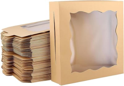Set of 50 square kraft paper boxes with transparent window, large cake boxes, brown flat cake box for cakes, cakes, 50 pieces