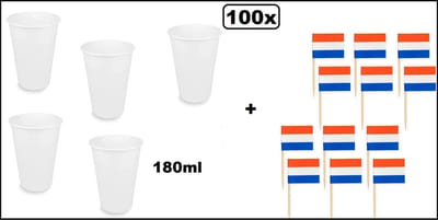 100x Beker karton wit 180ml + 100x cocktail vlagprikker rood/wit/blauw - Holland Koningsdag WK limonade thee soep fris drank thema feest festival chocomel yogi party snacks