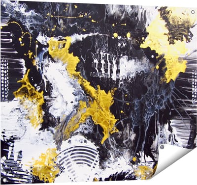 Gards Tuinposter Abstracte Kunst met Zwart, Wit en Goud - 100x80 cm - Tuindoek - Tuindecoratie - Wanddecoratie buiten - Tuinschilderij