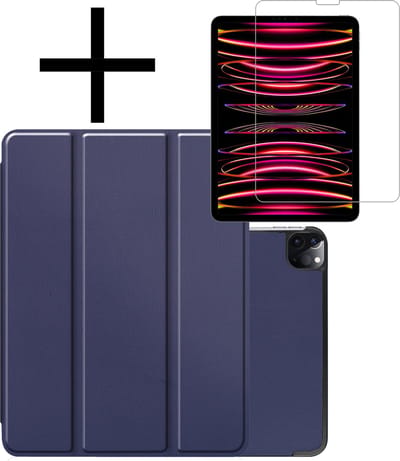 Hoes - Geschikt voor Apple iPad Pro (2022) - 12.9 inch - Met Screenprotector - Trifold Bookcase - Hard Cover - Hardcover Book Case - Tablet Hoesje - Donkerblauw