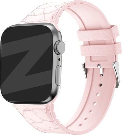 Bandz Siliconen bandje met lederpatroon - geschikt voor Apple Watch Series 1/2/3/4/5/6/7/8/9/10/11/SE/SE2/SE3 - maat: 44mm / 45mm / 46mm / 49mm - roze