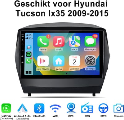 Junsun Android 15 Autoradio Geschikt voor Hyundai Tucson Ix35 (2009-2015) , 2GB+64GB, Draadloze CarPlay & Andriod Auto, DAB+, GPS-Navigatie, WIFI, Bluetooth, RDS, FM, SWC, 9-inch HD IPS Touchscreen, DSP, Quad-core processor