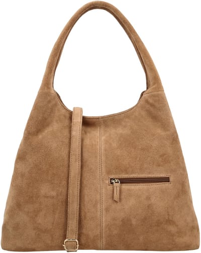 Charm London Sevilla Schoudertas - Suede - Handtas - Verstelbare en Afneembare Schouderband - Dames - Leer - Shopper - Leren Dames Tas - Donkerzand