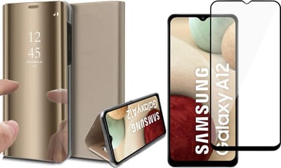 Hoesje geschikt voor Samsung A12 en Screenprotector - Spiegel Book Case Cover Hoes Goud + Screen Protector Glas Full Screen