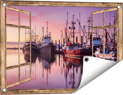 Gards Tuinposter Doorkijk Schepen in de Haven - Boten - 60x40 cm - Tuindoek - Tuindecoratie - Wanddecoratie buiten - Tuinschilderij