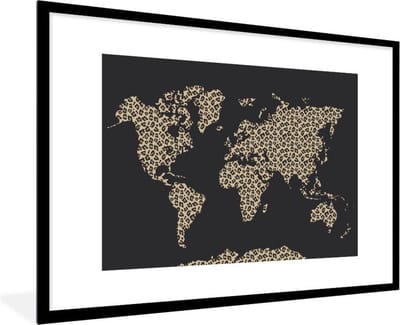 Poster in lijst - Fotolijst 90x60 cm - Posters - Wereldkaart - Dierenprint - Luipaard - Posterlijst zwart - Decoratie - Wanddecoratie woonkamer - Muurdecoratie slaapkamer