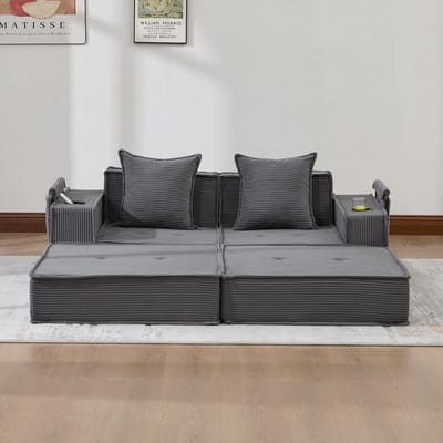 MODFU 2-Zitsbank - Met Zijvakken En 2 Kussens - Scandinavisch - Voor Leeshoek - Ribstof - Donkergrijs - 162 X 78 X 66 Cm