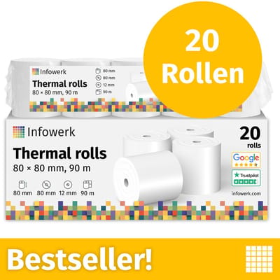 NIEUW: Infowerk Thermische Rollen / Kassarollen, 20 Rollen, 80mm x 80mm x 12mm, 90m, Testwinnaar, PEFC-gecertificeerd, voor EPSON, IBM e.a.