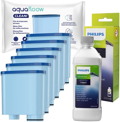Aquafloow, 6x waterfilter voor espressomachines, compatibel met Philips / Saeco, koolstofpatroon + 1x ontkalker CA6700/10 Philips 250ml, espressomachineset