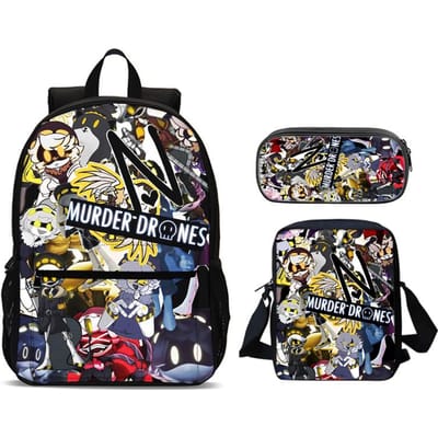 Murder Drones 3-delige Set Rugzak 47cm/18.5inch Rugzak met Grote Capaciteit Schoudertas Etui Boekentassen voor Jongens Meisje Beste Cadeau