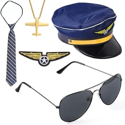 Compleet Kostuum Set met Accessoires voor Mannen - Handschoenen, Bril, Vliegtuig Speld en Stropdas voor Carnaval en Themafeesten