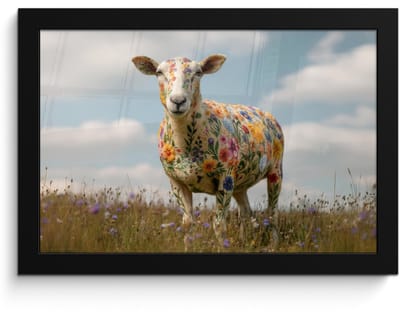 Poster in lijst - Fotolijst 30x20 cm - Posters - Schaap - Bloemen - Weide - Posterlijst zwart - Decoratie - Wanddecoratie woonkamer - Muurdecoratie slaapkamer