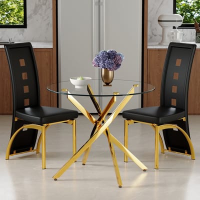 MODENUIT Eethoek 88 cm - Ronde Tafel Met 2 Stoelen - Voor Eethoek En Keuken - Glas, Metaal, Pu-Leer - Zwart
