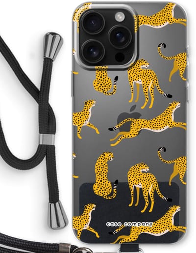 Case Company® - Hoesje met koord geschikt voor iPhone 16 Pro Max hoesje met Koord - Luipaard - Telefoonhoesje met Zwart Koord - Bescherming aan alle Kanten en Over de Schermrand