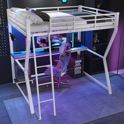 DESMIU Hoogslaper 140x200 cm – Met Bureau, Verlichting En Stopcontact Met USB – Trap En Veiligheidsreling – Voor Studie En Slaapkamer – Metaal En MDF – Wit – Zonder matras