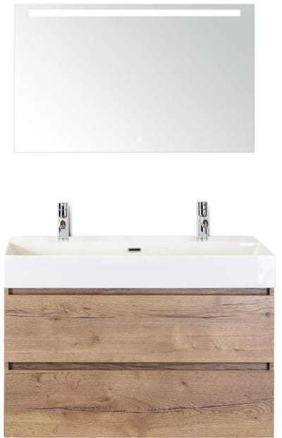 Maxx XL Badmeubelset 100 cm - Natuur Eiken - Wastafel Kube 2 Kraangaten met Sence Spiegel