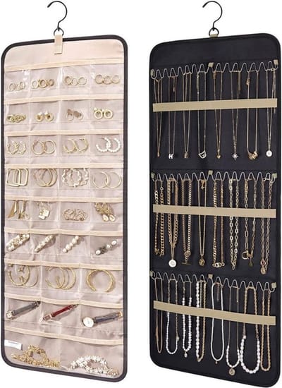 Ultiluxe® Sieraden organizer - Zwart/beige - 85 x 35 cm - Ruim 74 vakjes en hang gedeelte - Vakken - Dubbelzijdige hangende sieradenhouder - Opbergsysteem, opbergtas, opbergruimte voor oorbellen, kettingen, armbanden