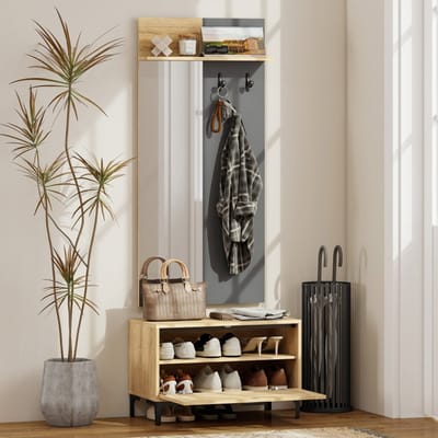 MODFU - Garderobeset - Spiegel En Schoenenbank - Modern - Voor Hal - MDF - Naturel Hout En Grijs