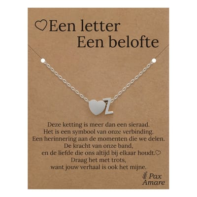 Letter Z ketting op Cadeau Kaartje - Een letter, een belofte - 45cm Zilverkleurig Stainless Steel - Initiaal & Hartje Hanger - Pax Amare