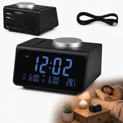 Caryota Wekkerradio - Digitale Radiowekker - Dimmer - Dubbel Alarm - Duo Oplader - FM - LED-display - Temperatuur- en Luchtvochtigsheidmeter - Zwart