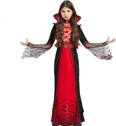 Vampier Kostuum voor Meisjes, Halloween Kostuum voor Kinderen, Carnavalsoutfit, Cosplay, Maat L (130-145 cm)