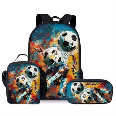 Voetbal Rugzak | Kinderen | Voetballerpatroon Rugzak | Rugtas, etui en lunchtas met mooie 3D geprinte details | 3-delige set jongens schooltassen | grote schooltas | 20 liter