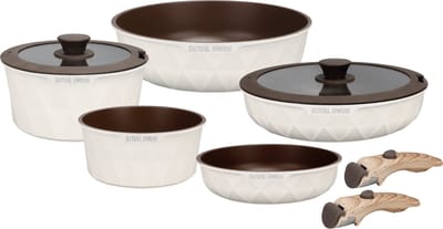 Pannenset 9-Delige Inductie – Afneembare Handgrepen – PFAS & PFOA Vrij – Ovenbestendig & Stapelbaar – Beige – Royal Swiss®