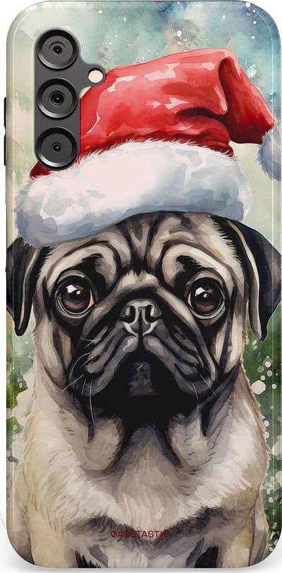 Casetastic hoesje geschikt voor Samsung Galaxy A14 (2023) 5G / Samsung Galaxy A14 (2023) 4G - Dubbellaagse bescherming - Aquarel Kerstmis Pug Hond - Fashion Case - Grijs Taupe Donkergrijs Saliegroen