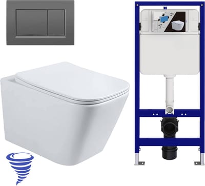 LOMAZOO Hangtoilet met Inbouwreservoir - Vierkant Wit - Drukplaat Vierkant Gunmetal - Linea
