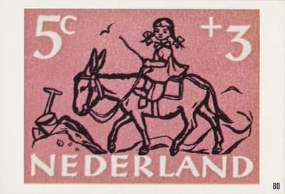 Briefkaart met afbeelding meisje op ezel postzegel