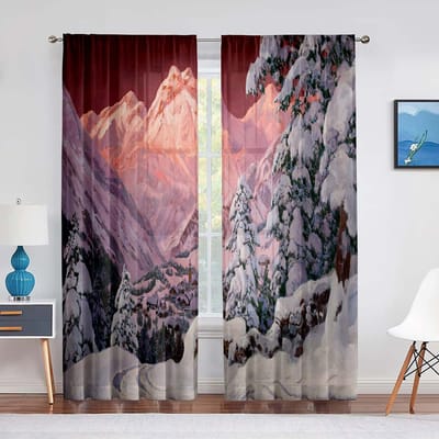Berg Bos Rivier Schilderij Kunst Tule Gordijnen voor Woonkamer Slaapkamer Decoratie Transparant Chiffon Sheer Voile Raamgordijn 1 PCS W100XH250cm&Grommet Top