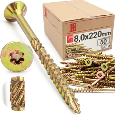 LUN FIX - Spanplattenschroeven 8x220 mm - 50 stuks - TX30 (I-Ster) - Verzinkte kop/freesribben - Torx Schroeven