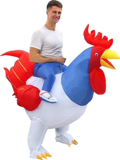 KIMU® Opblaas Kostuum Zittend op Kip Rood Wit Blauw - Opblaasbaar Pak - Kippenpak Mascotte Opblaaspak - Opblaasbare Haan Dames Heren Festival
