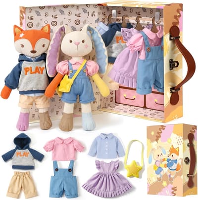 Pluche knuffeldieren - Poppenkleding set - Fantasie spel - Draagbare kledingkast - 30 cm - Multicolor