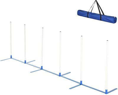 Honden Slalomstangen Trainingset 305×60×94 cm Wit met Blauwe Opbergzak Geschikt voor Hondensport Verstelbare Stangen voor Agility Oefeningen Verbeter de Flexibiliteit van je Huisdier