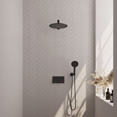 Brauer Black Edition thermostatische inbouw regendouche met drukknoppen SET 56 met 30 cm douchekop en rechte muurarm en 3-standen handdouche en doucheslang en wandaansluitbocht mat zwart
