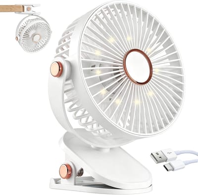 Ulisem - Klemventilator - 4000mAh oplaadbaar - 5 snelheden - 720° draaibaar - Stille motor - Met ledverlichting - Babyveilige afdekking - Geschikt voor camping en wandelen - Wit