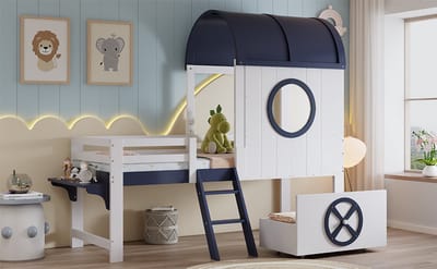 Wishdor Halfhoog Kinderbed 90x200 cm - Dak & Ramen - Lade & Schuine Ladder - Wit/Donkerblauw Hout - Avontuurlijk