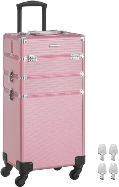Cosmeticakoffer, grote trolley, met wielen, professioneel, make-up koffer leeg, beautycase, make-up koffer, 4 universele wielen, voor reizen en werk, Candy Pink, HMTM-BC-30021-PINK