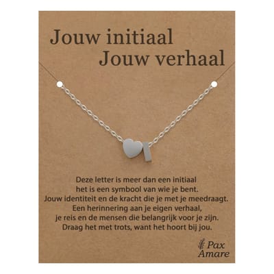 Letter I ketting op Cadeau Kaartje - Jouw initiaal, jouw verhaal - 45cm Zilverkleurig Stainless Steel - Initiaal & Hartje Hanger - Pax Amare