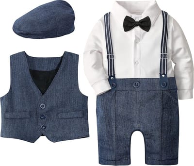 Schattige Baby Jongen Outfit – Romper met Strik, Vest en Pantalon – 3-18 Maanden Feestkleding